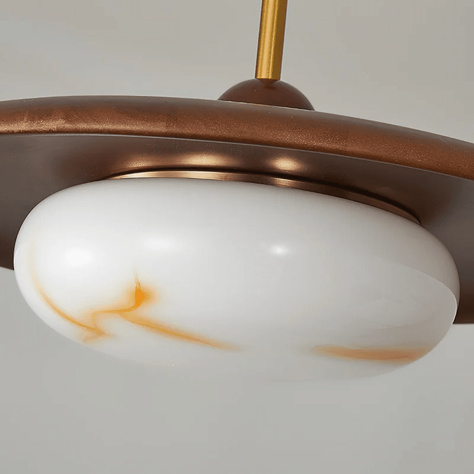 Wood and Alabaster Pendant Light – Teak Disc & Glowing Stone 35 cm | Jagmag Lights 12 Close-up of the natural alabaster stone diffuser with amber veining – Jagmag Lights