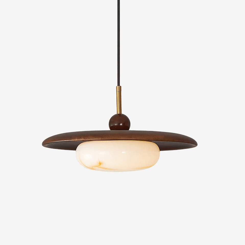 Wood and Alabaster Pendant Light – Teak Disc & Glowing Stone 35 cm | Jagmag Lights 4 Front view of the alabaster stone diffuser glowing under the teak wood disc – Jagmag Lights