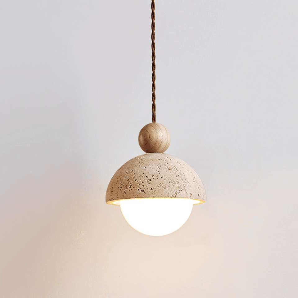 Ceramic dome pendant light with travertine-look shade, opal glass globe and wood ball – Jagmag Lights