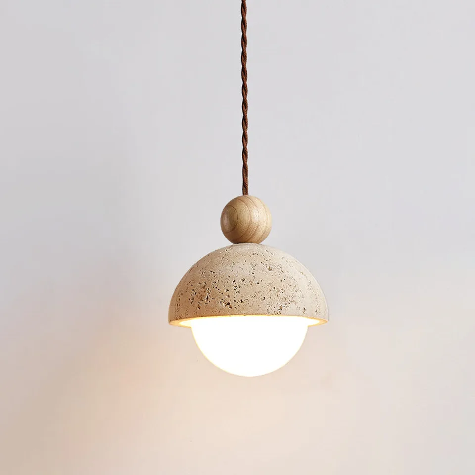 Ceramic dome pendant light with travertine-look shade, opal glass globe and wood ball – Jagmag Lights