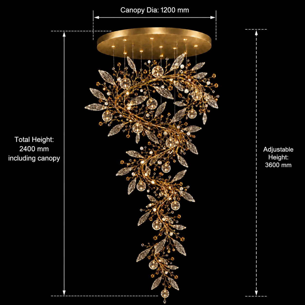 The Crystal Vine — A Sculptural Cascade of Light 10 Crystal vine foyer chandelier dimensions — Ø1,200 mm canopy, 2,400 mm total height including canopy, adjustable drop up to 3,600 mm