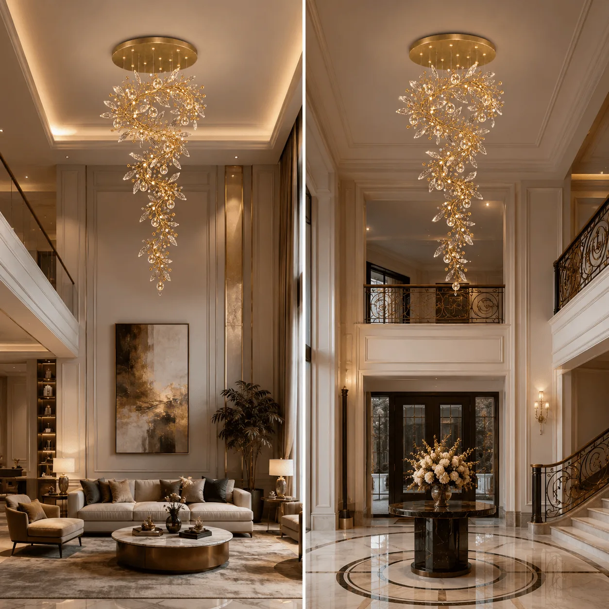 The Crystal Vine — A Sculptural Cascade of Light 9 Crystal vine foyer chandelier in two settings — double-height living room and grand foyer entrance — JagMag Lights Made in India
