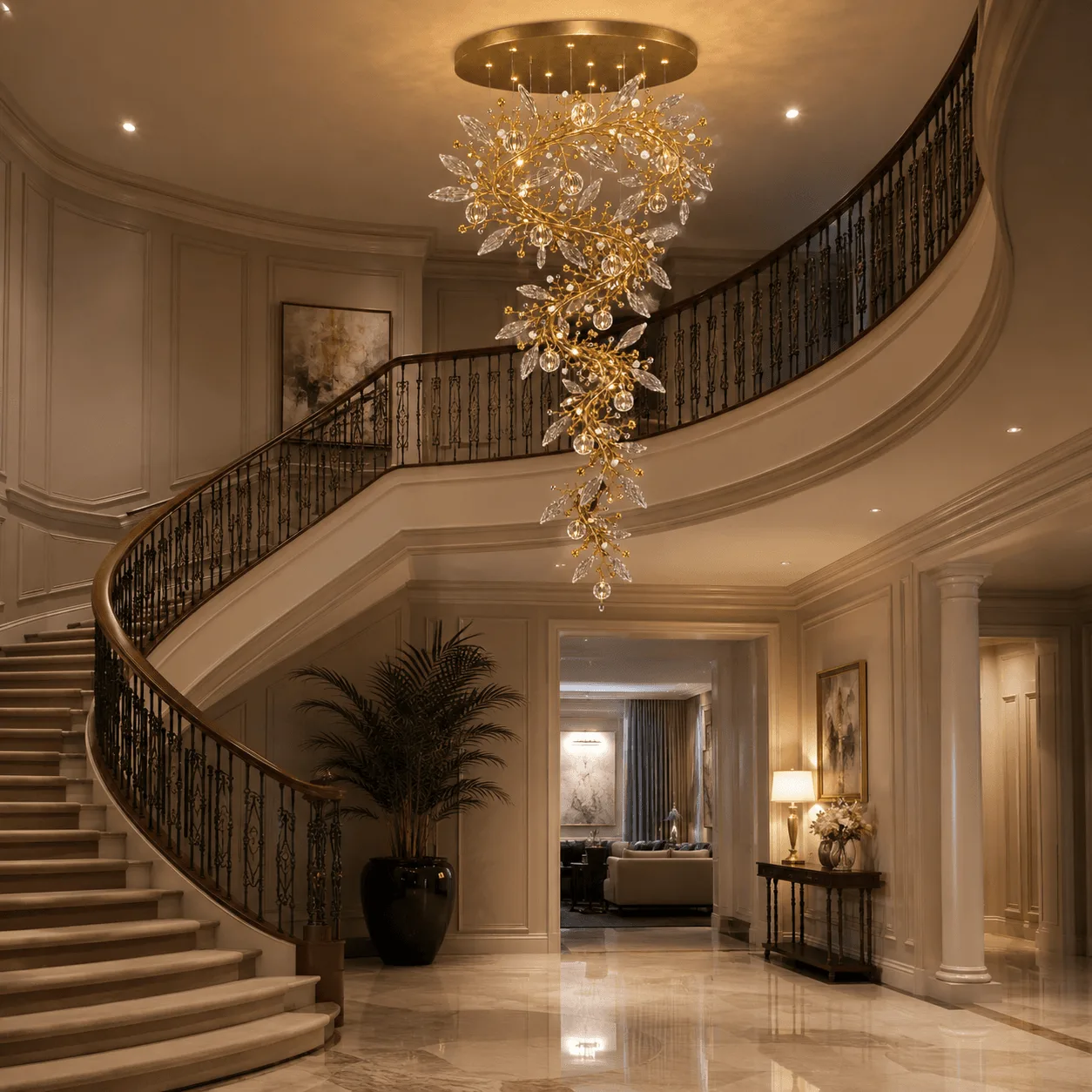 The Crystal Vine — A Sculptural Cascade of Light 8 Crystal vine foyer chandelier in staircase — warm light cascade over curved marble stairwell with wrought iron balustrade
