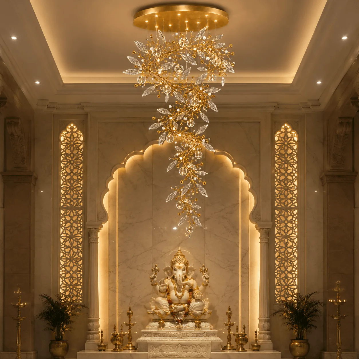 The Crystal Vine — A Sculptural Cascade of Light 7 Crystal vine foyer chandelier in temple pooja room — warm glow over marble arch and Ganesha idol, satin gold spiral cascade