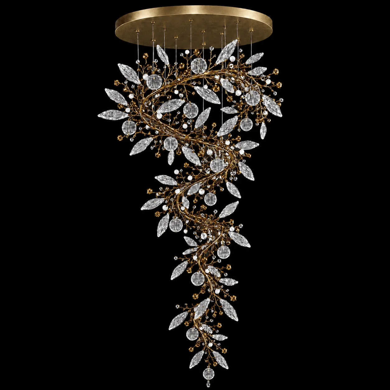 The Crystal Vine — A Sculptural Cascade of Light 3 Crystal vine foyer chandelier on black background unlit — satin gold spiral branch structure with clear marquise crystal leaves and ribbed globe pendants