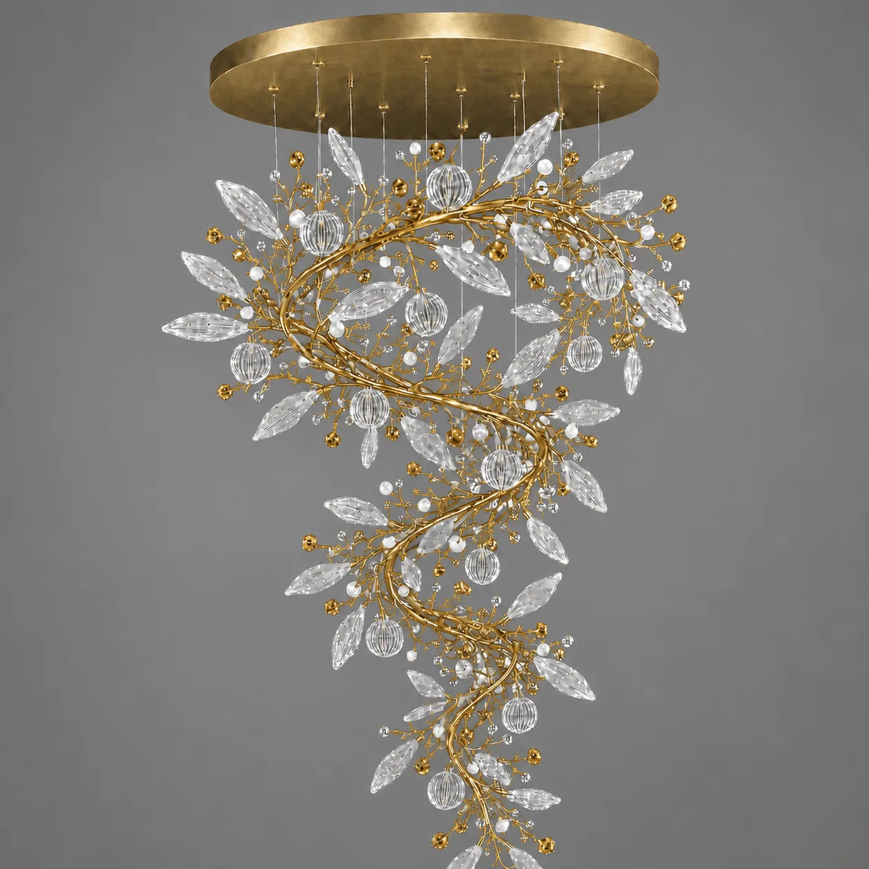 The Crystal Vine — A Sculptural Cascade of Light 5 Crystal vine foyer chandelier upper section on grey background — satin gold arc branches, clear marquise crystal leaves and ribbed globe crystal pendants