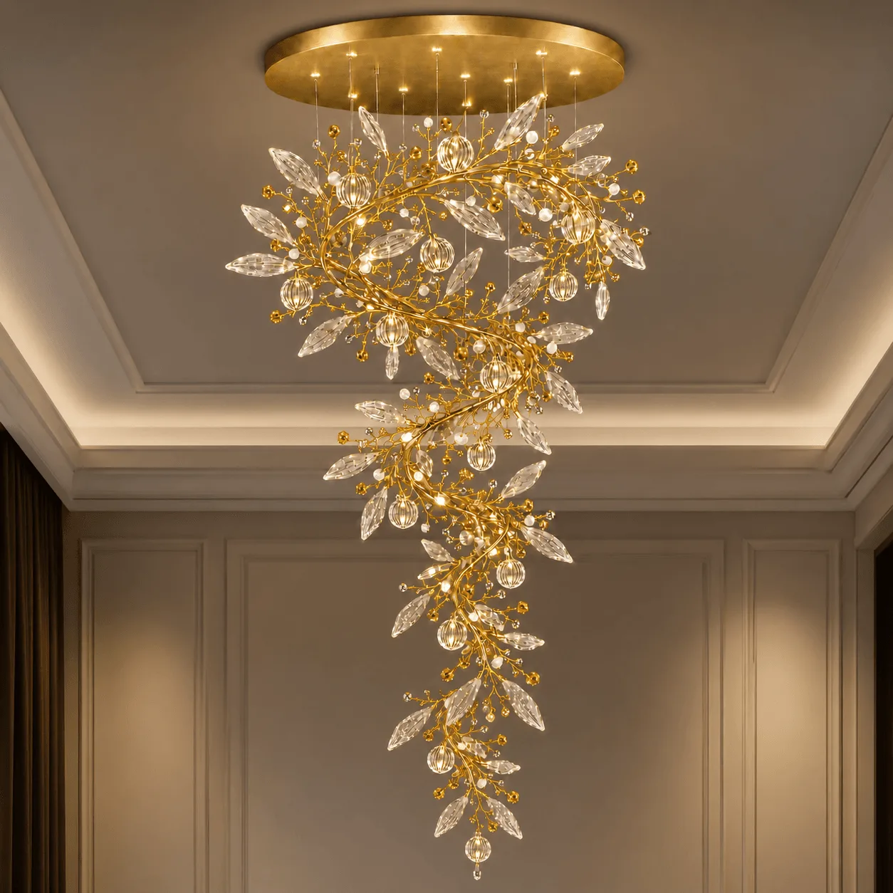 Crystal vine foyer chandelier in grand corridor — satin gold spiral branch with marquise crystal leaves and globe pendants, warm filament glow — JagMag Lights JML-414