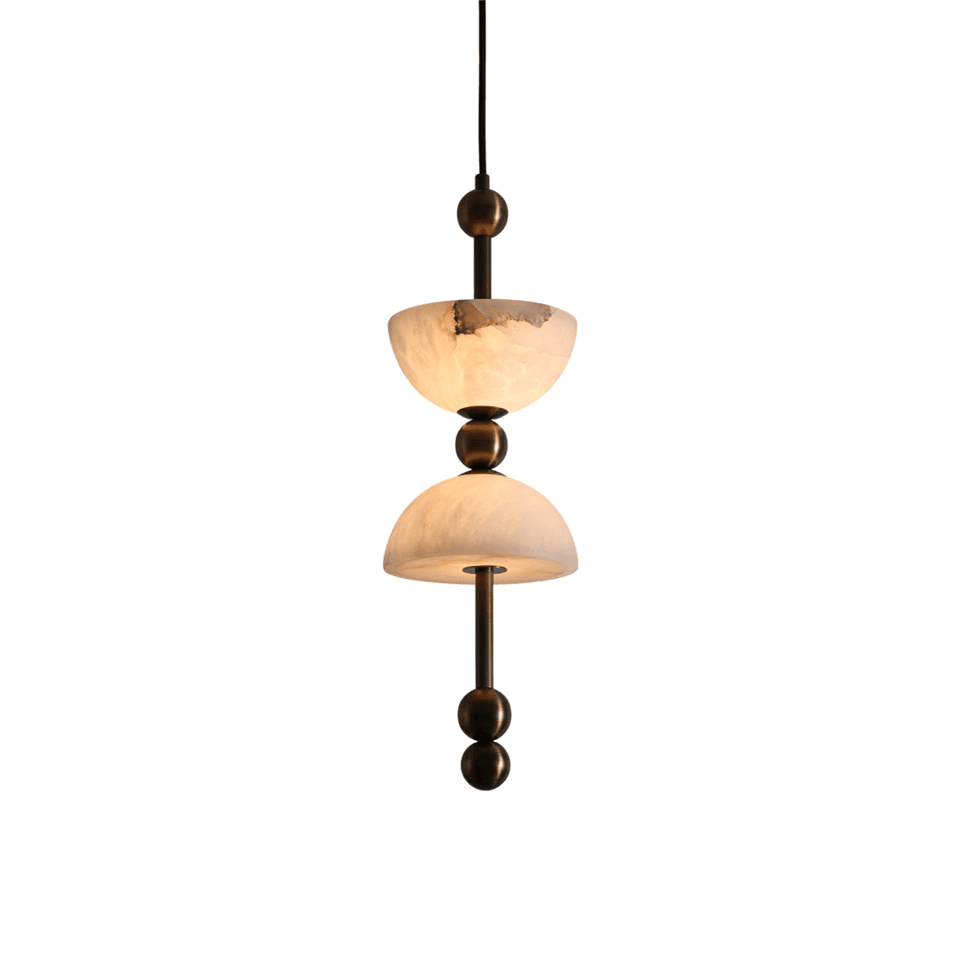 Double alabaster pendant light with two natural alabaster domes and antique bronze metal – Jagmag Lights