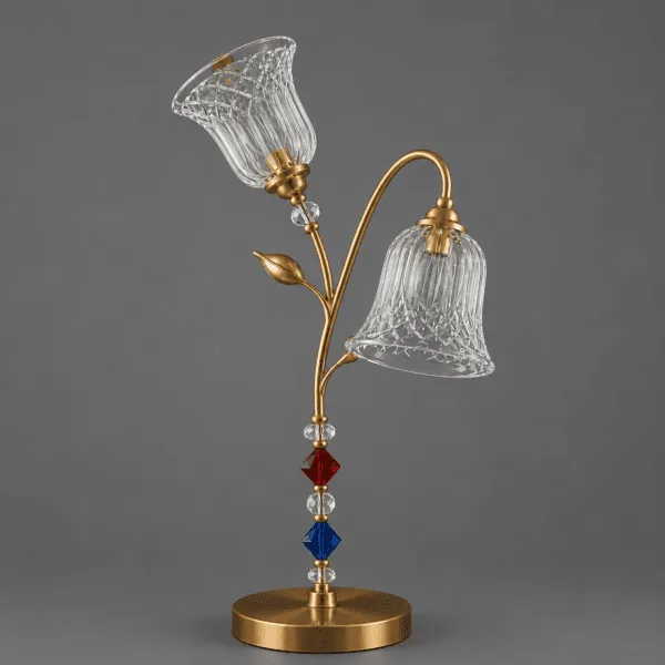 Double glass table lamp side profile – pressed-gold leaf at stem fork and crystal bead column with red and blue diamond bicone – Jagmag Lights
