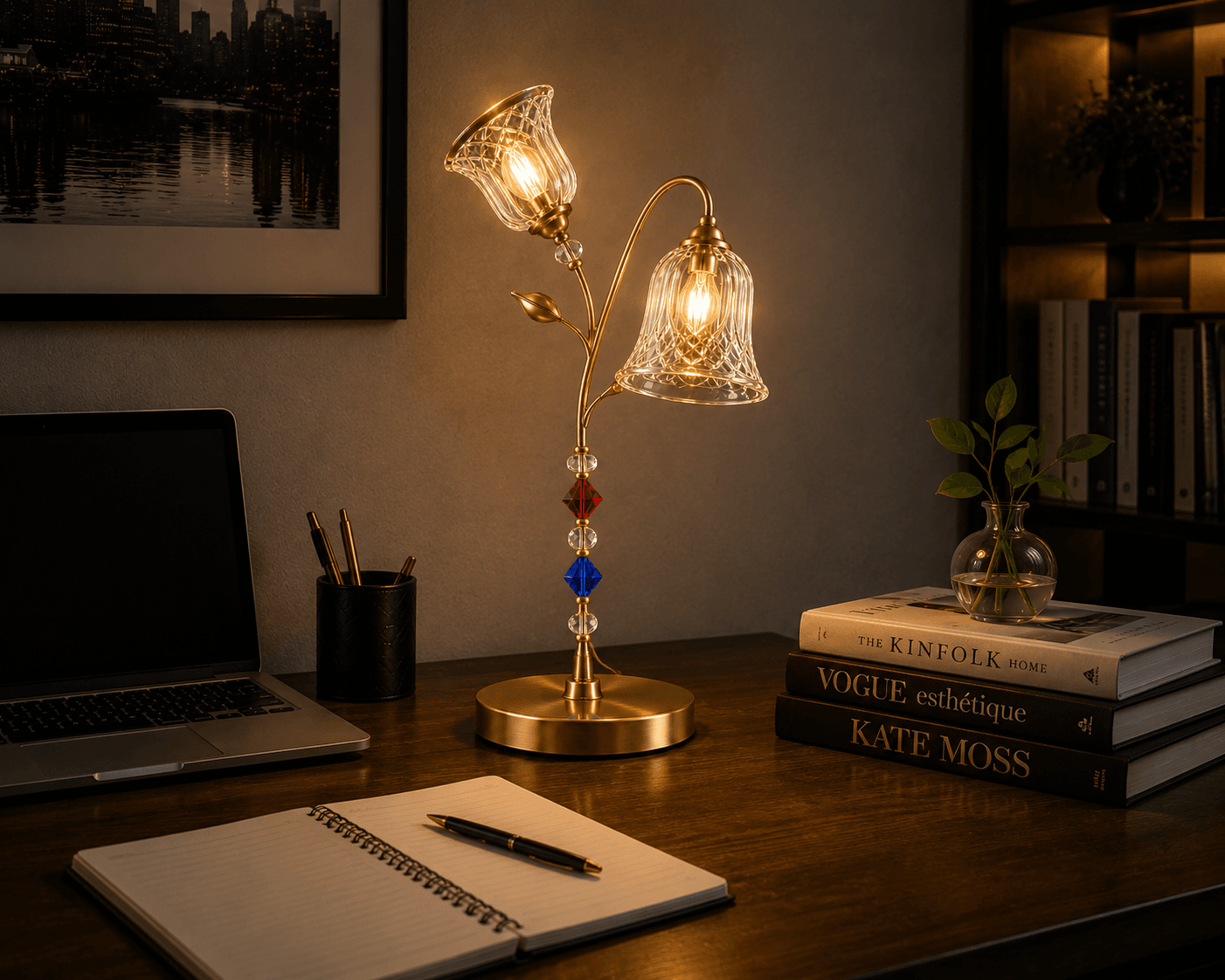 Double glass table lamp on study desk – twin cut-glass bell shades on satin gold floral stem – Jagmag Lights JML-412