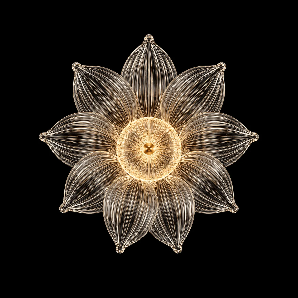 Glass Petal Pendant Light — Ribbed Flower Shade with Coloured Orb Collar 4 Glass petal pendant light bottom view lit — eight ribbed glass petals in star pattern around gold centre, warm amber glow from E27 filament bulb