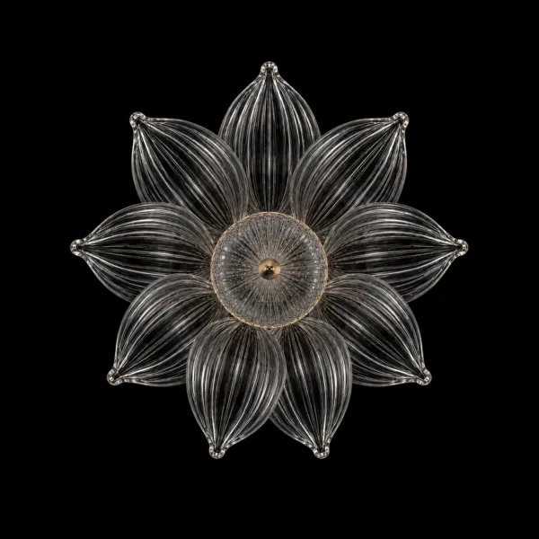Glass flower pendant light seen from below, unlit: ribbed clear borosilicate glass petals around a gold centre cap