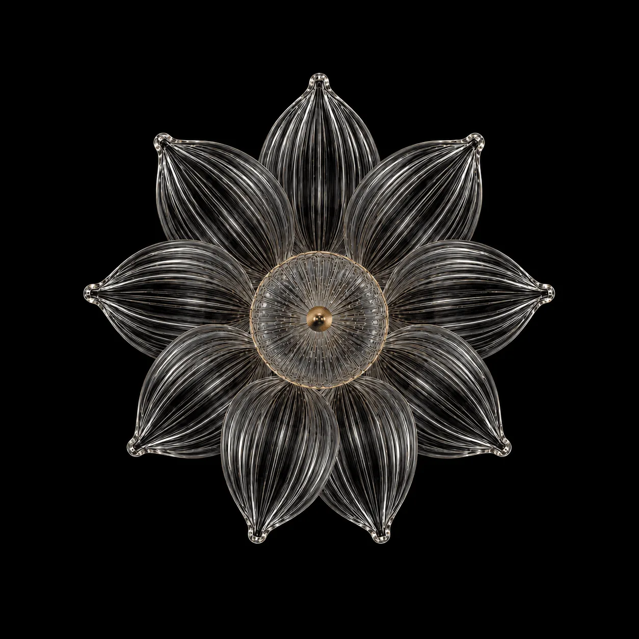 Glass Petal Pendant Light — Ribbed Flower Shade with Coloured Orb Collar 5 Glass petal pendant light bottom view unlit — eight ribbed glass petals in daisy-star arrangement, gold dome centre, clear ribbed glass texture detail