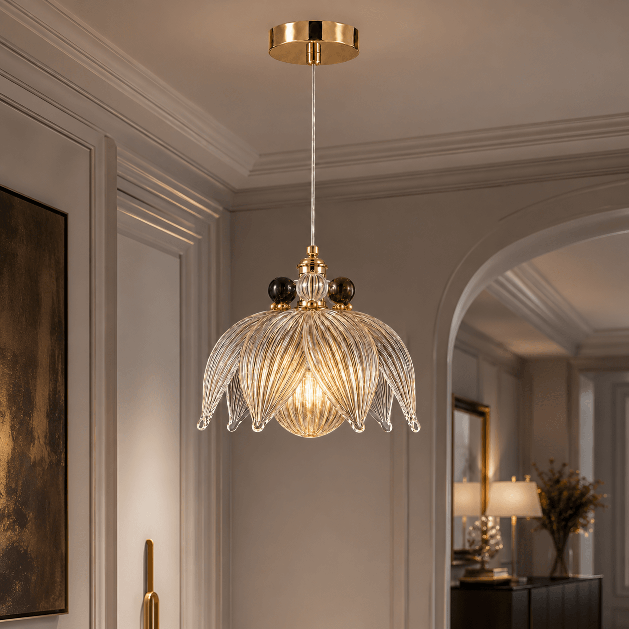 Glass petal pendant light in elegant corridor — ribbed flower glass shade with emerald, clear and ruby orbs, warm filament glow, polished gold canopy — JagMag Lights JML-415