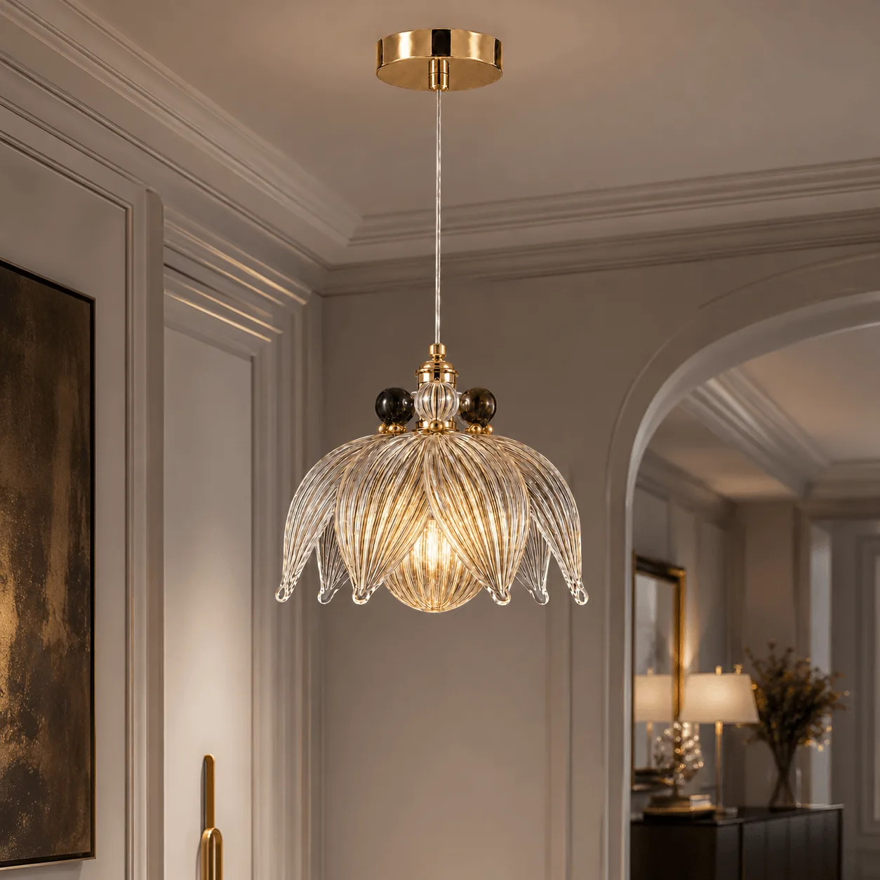 Glass petal pendant light in elegant corridor — ribbed flower glass shade with emerald, clear and ruby orbs, warm filament glow, polished gold canopy — JagMag Lights JML-415