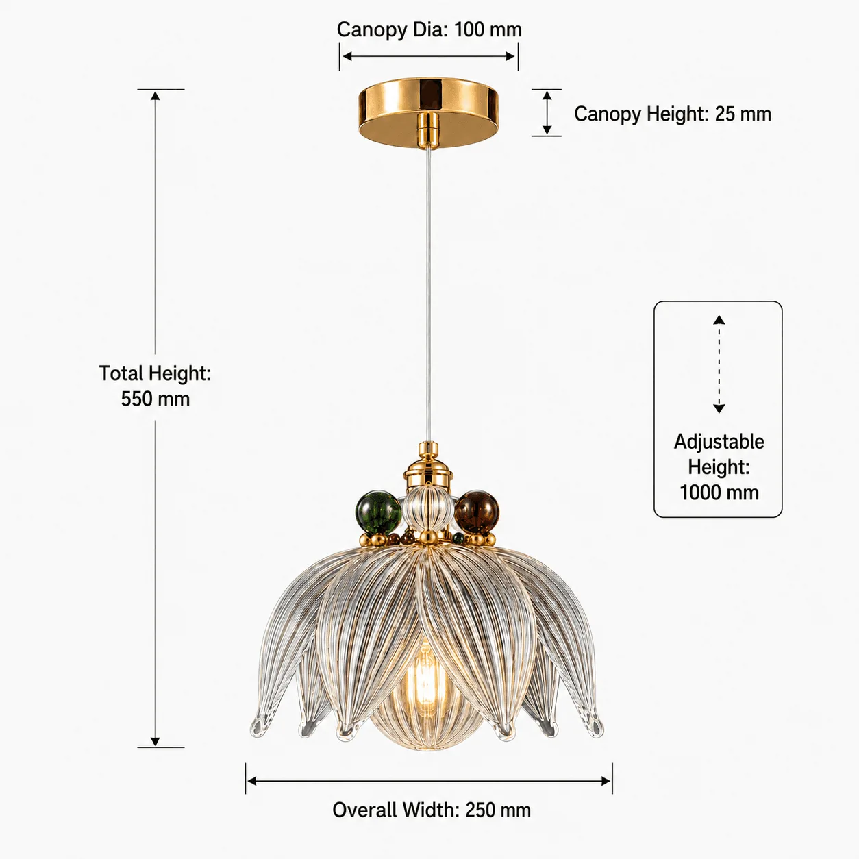 Glass Petal Pendant Light — Ribbed Flower Shade with Coloured Orb Collar 9 Glass petal pendant light dimensions — Ø250 mm shade width, 550 mm total height, adjustable drop to 1,000 mm, Ø100 mm canopy × 25 mm height