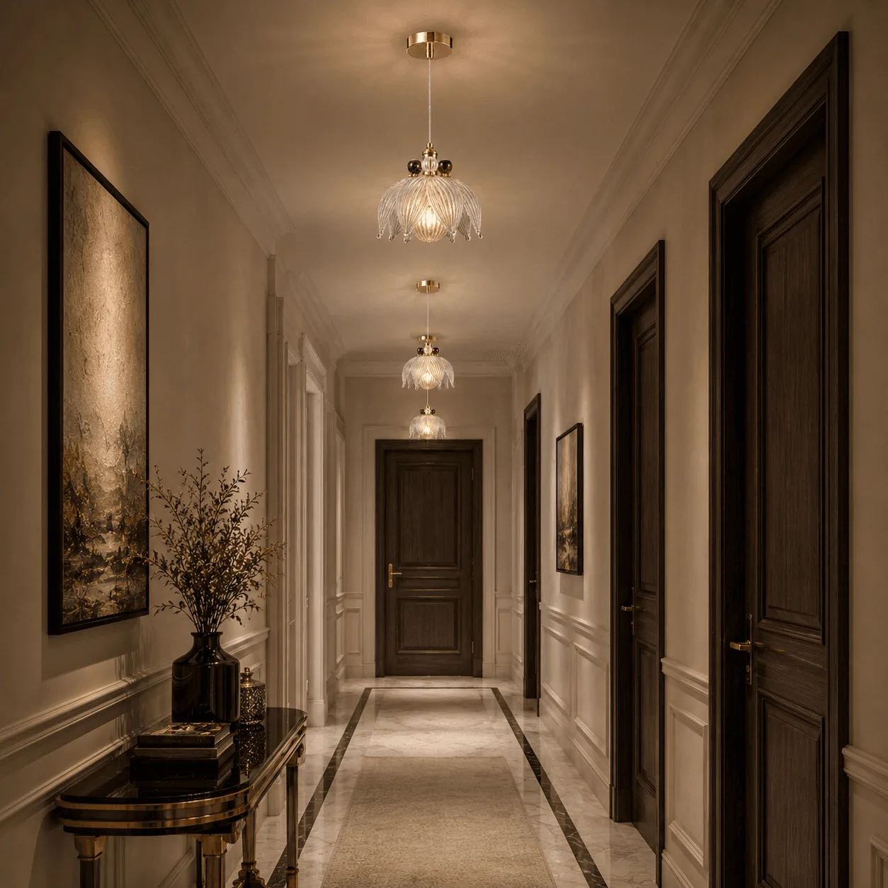 Glass Petal Pendant Light — Ribbed Flower Shade with Coloured Orb Collar 6 Glass petal pendant lights in corridor — three ribbed flower pendants in a row with warm filament glow, polished gold canopies, classic paneled hallway