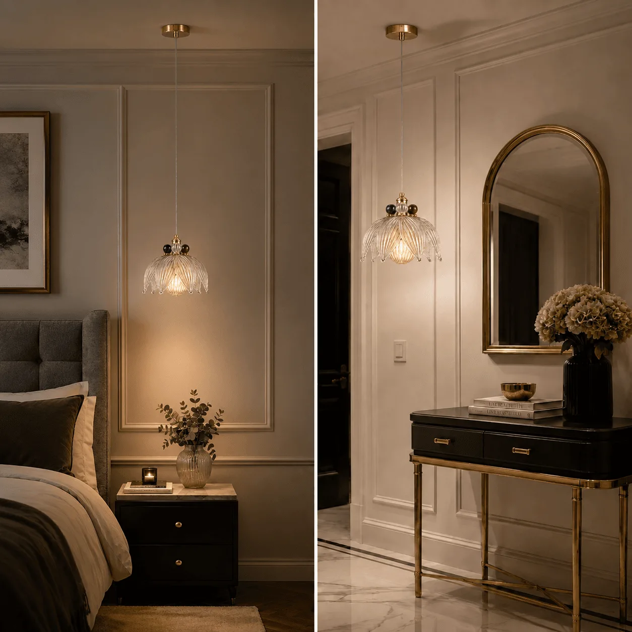Glass Petal Pendant Light — Ribbed Flower Shade with Coloured Orb Collar 8 Glass petal pendant light in bedroom and vanity area — bedside pendant with warm amber glow (left) and dressing console with gold arch mirror (right)