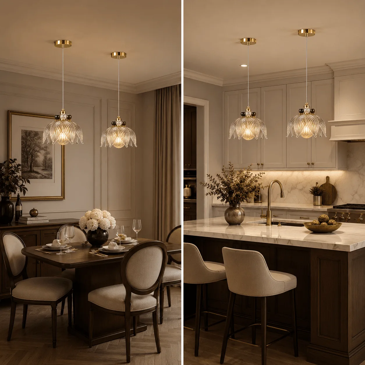 Glass Petal Pendant Light — Ribbed Flower Shade with Coloured Orb Collar 7 Glass petal pendant light in dining room and kitchen island — warm glow over dining table with white flowers (left) and marble kitchen island with bar stools (right) — JagMag Lights