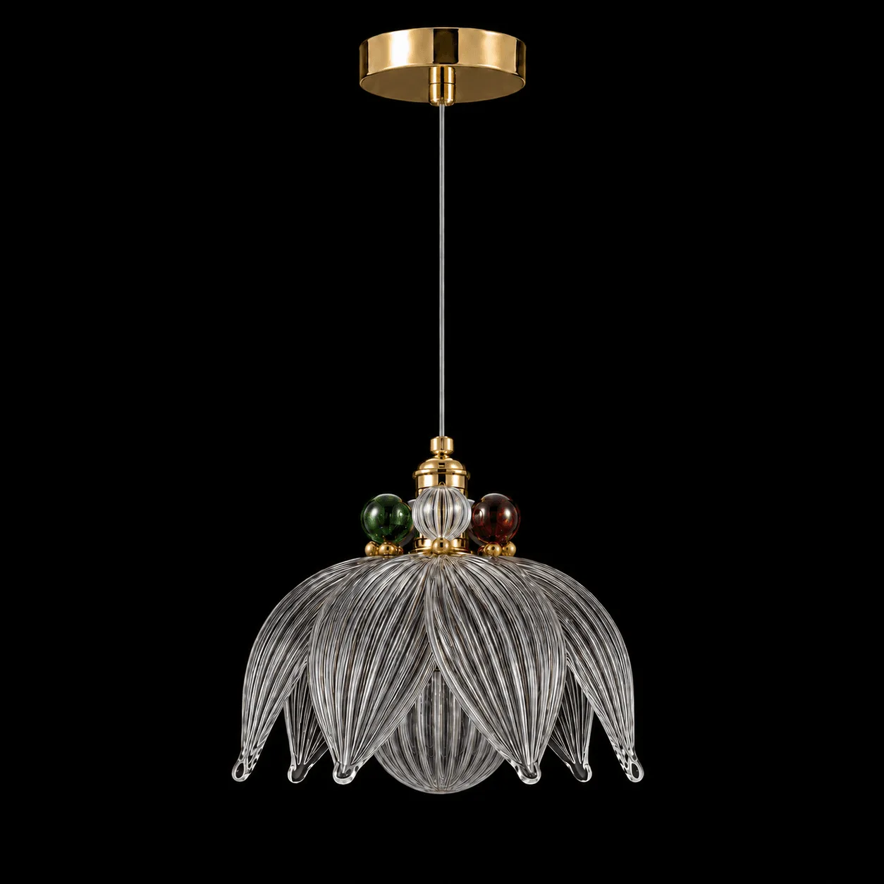 Glass Petal Pendant Light — Ribbed Flower Shade with Coloured Orb Collar 3 Glass petal pendant light on black background unlit — eight ribbed clear glass petals fanning outward with curled tips, three coloured orbs at collar, polished gold canopy
