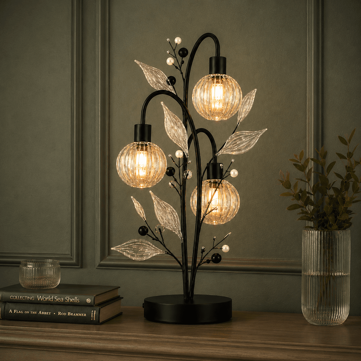 Botanical table lamp front view — black metal branch tree with three ribbed glass globe cage shades, glass leaves and pearl berry beads – Jagmag Lights