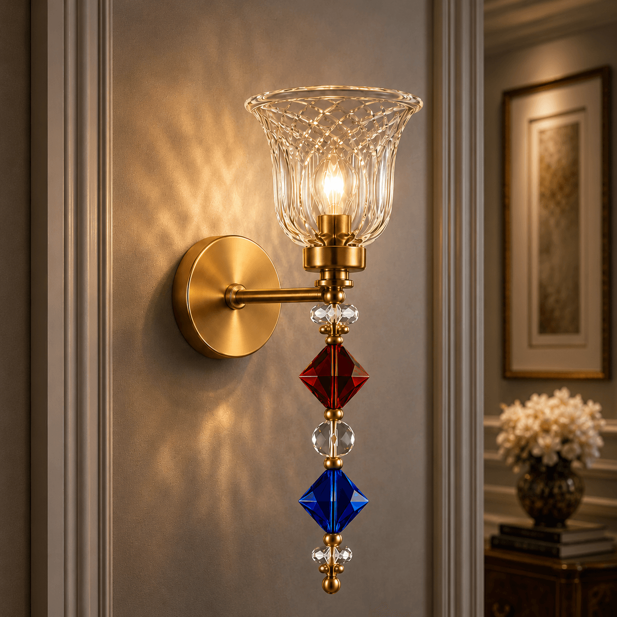 Single glass wall light with cut-glass bell shade and crystal bead drop, satin gold finish – Jagmag Lights