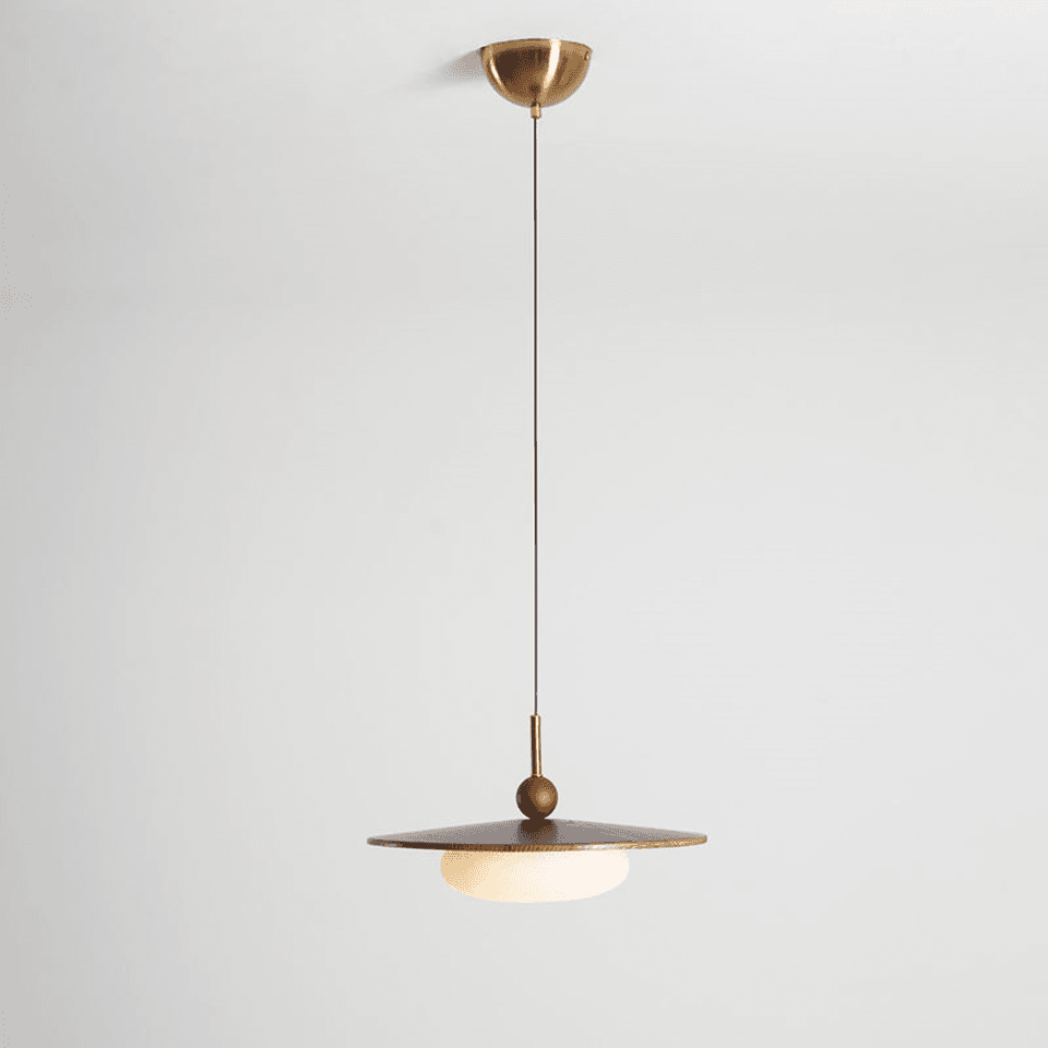 Wood and Alabaster Pendant Light – Teak Disc & Glowing Stone 35 cm | Jagmag Lights 20 Teak disc pendant light with alabaster stone diffuser and brass canopy – Jagmag Lights