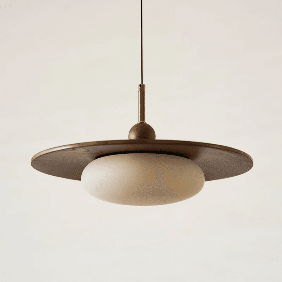 Wood and Alabaster Pendant Light – Teak Disc & Glowing Stone 35 cm | Jagmag Lights 6 Angled view of the wood and alabaster pendant light on a cream background – Jagmag Lights
