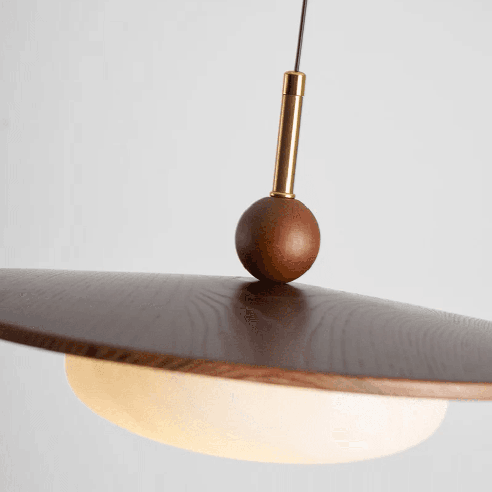 Wood and Alabaster Pendant Light – Teak Disc & Glowing Stone 35 cm | Jagmag Lights 9 Angled detail of the teak disc, brass stem and alabaster diffuser – Jagmag Lights