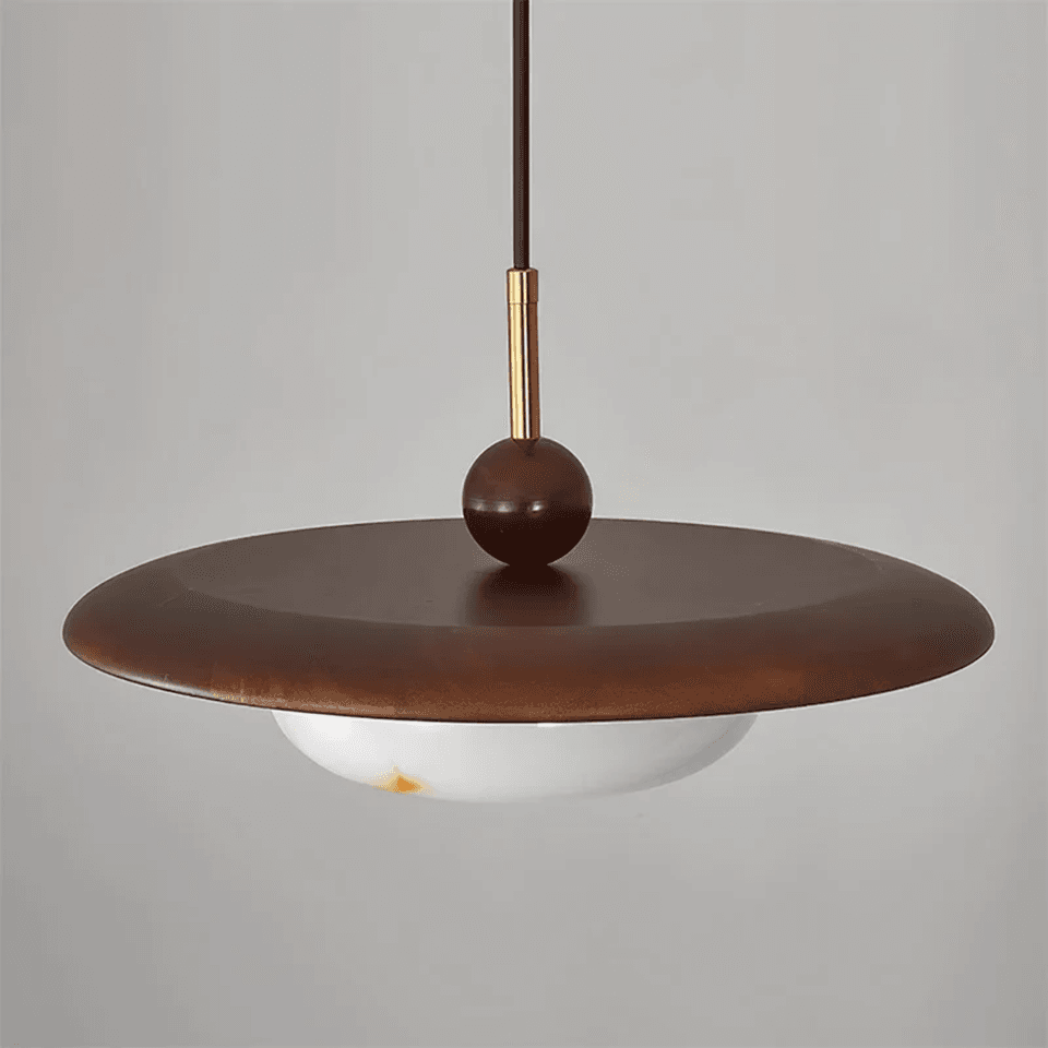 Wood and Alabaster Pendant Light – Teak Disc & Glowing Stone 35 cm | Jagmag Lights 8 Low-angle view of the teak disc, wooden bead and alabaster diffuser – Jagmag Lights