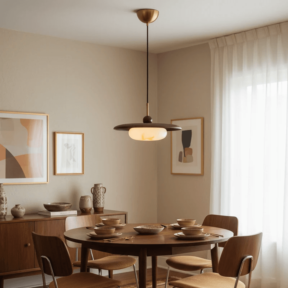 Wood and Alabaster Pendant Light – Teak Disc & Glowing Stone 35 cm | Jagmag Lights 15 Wood and alabaster pendant light over a round teak dining table – Jagmag Lights