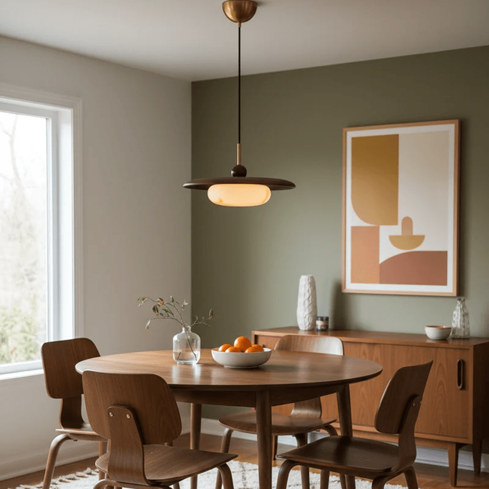 Wood and Alabaster Pendant Light – Teak Disc & Glowing Stone 35 cm | Jagmag Lights 14 Wood and alabaster pendant light over a mid-century dining table – Jagmag Lights