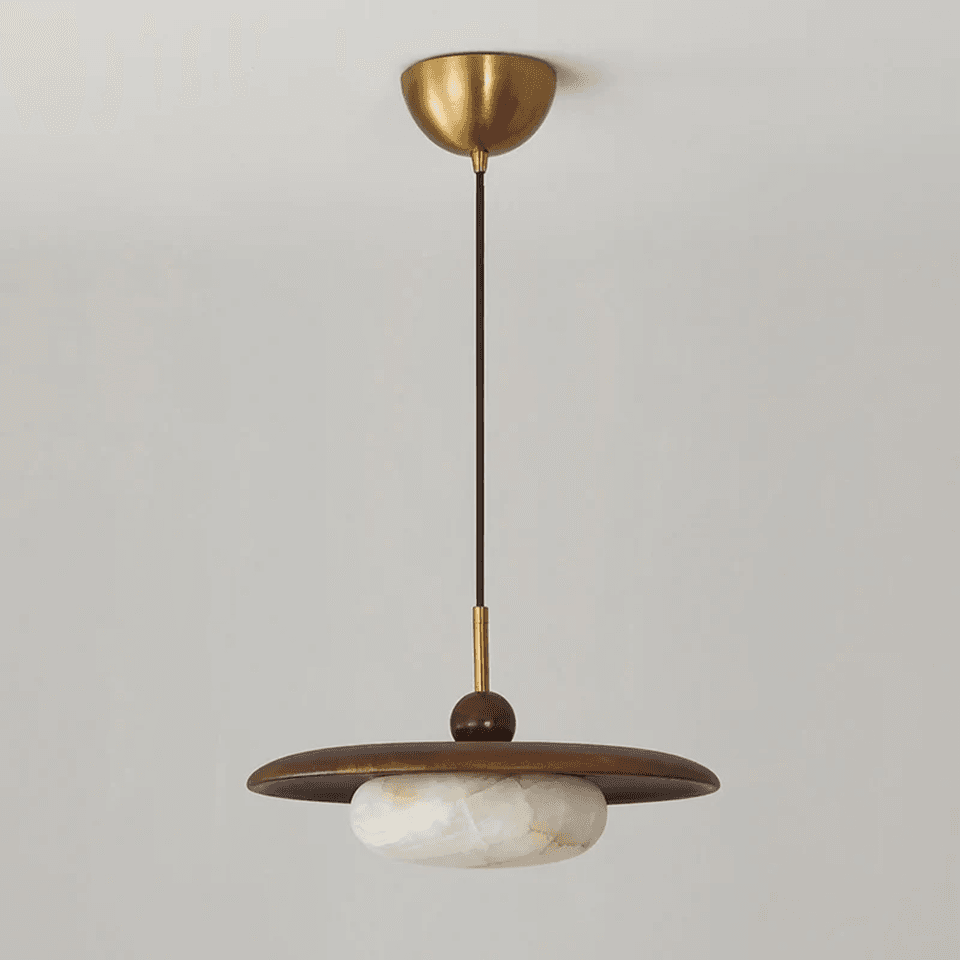 Wood and Alabaster Pendant Light – Teak Disc & Glowing Stone 35 cm | Jagmag Lights 3 Full view of the wood and alabaster pendant light with brass canopy and cord – Jagmag Lights