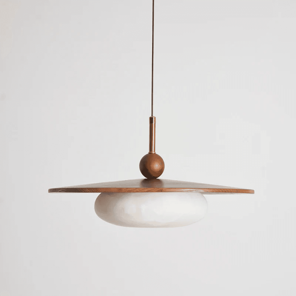 Wood and Alabaster Pendant Light – Teak Disc & Glowing Stone 35 cm | Jagmag Lights 7 High-angle view of the teak disc and alabaster diffuser, unlit – Jagmag Lights