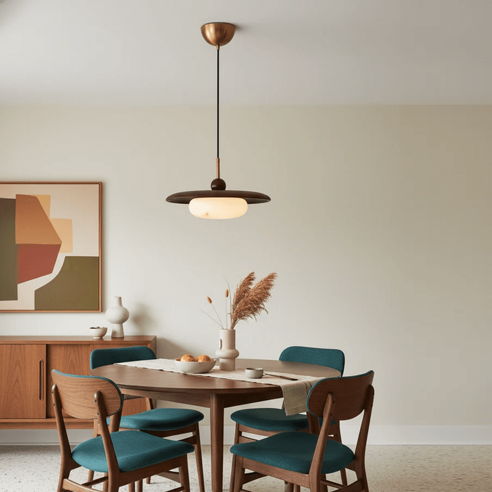 Wood and Alabaster Pendant Light – Teak Disc & Glowing Stone 35 cm | Jagmag Lights 16 Wood and alabaster pendant light in a mid-century dining room with teal chairs – Jagmag Lights
