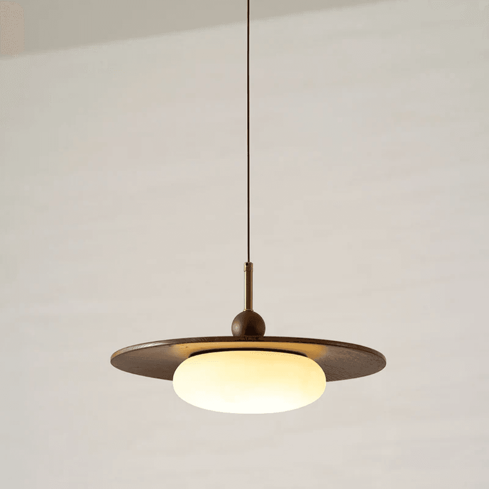 Wood and alabaster pendant light – teak disc with a glowing alabaster stone diffuser – Jagmag Lights