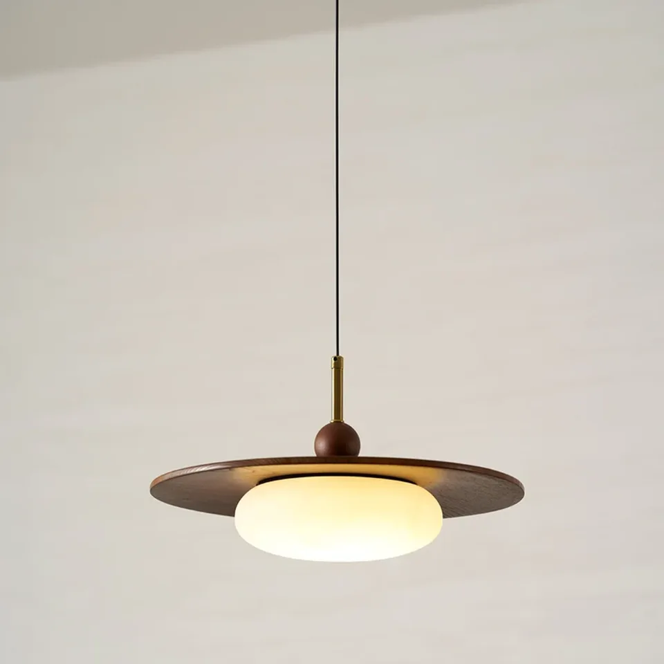 Wood and alabaster pendant light – teak disc with a glowing alabaster stone diffuser – Jagmag Lights