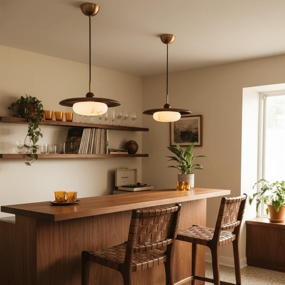 Wood and Alabaster Pendant Light – Teak Disc & Glowing Stone 35 cm | Jagmag Lights 18 Two wood and alabaster pendant lights over a teak home bar counter – Jagmag Lights