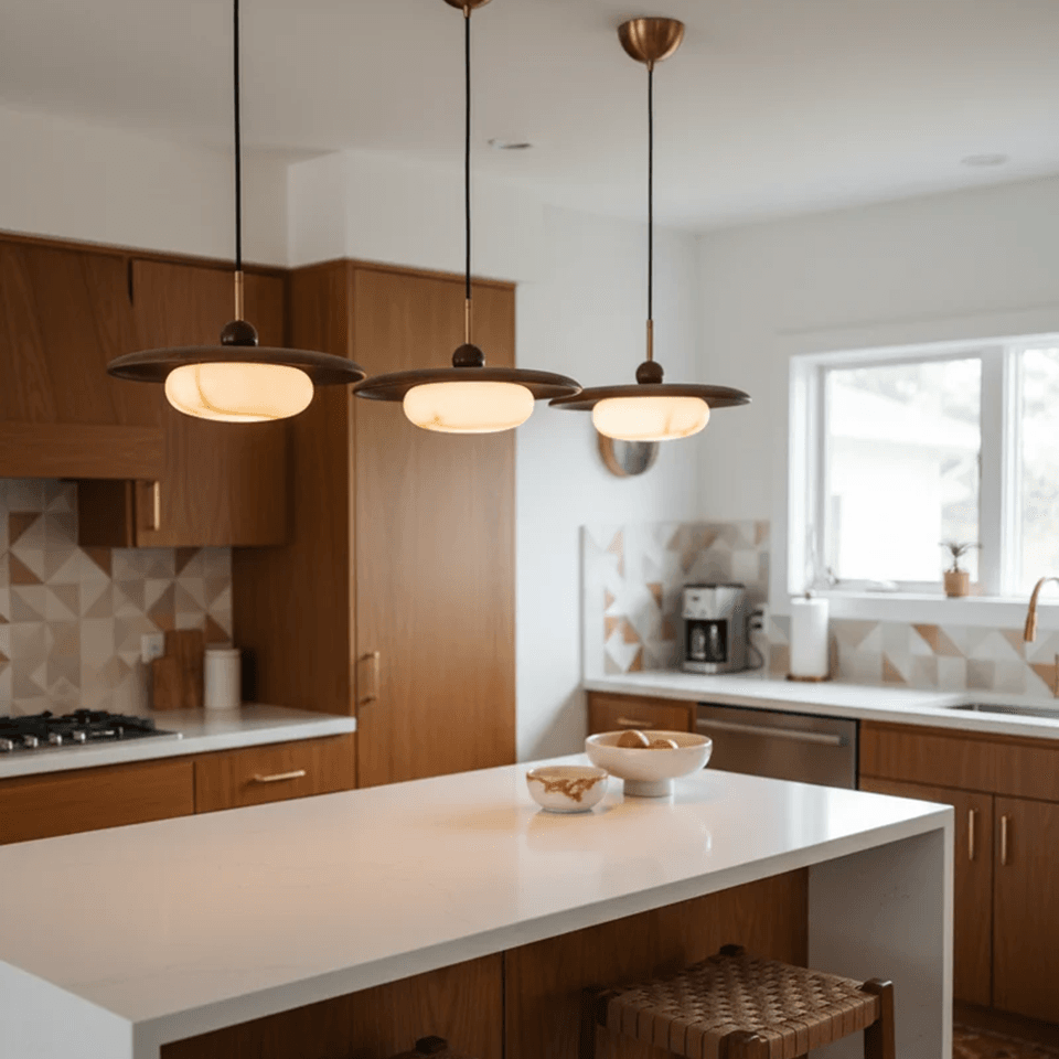 Wood and Alabaster Pendant Light – Teak Disc & Glowing Stone 35 cm | Jagmag Lights 17 Three wood and alabaster pendant lights over a kitchen island – Jagmag Lights