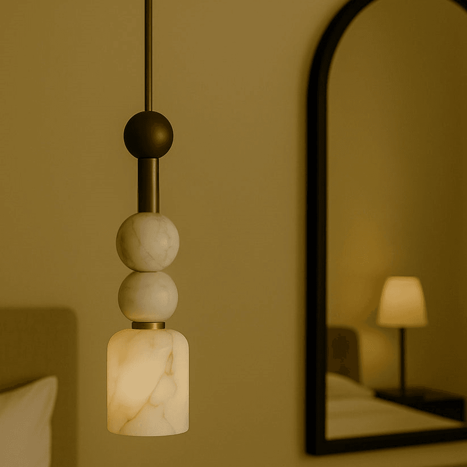 Alabaster Beaded Pendant Light – 44 cm Brass Stem | Jagmag Lights 2 Alabaster beaded pendant light hung beside a bed next to an arched mirror