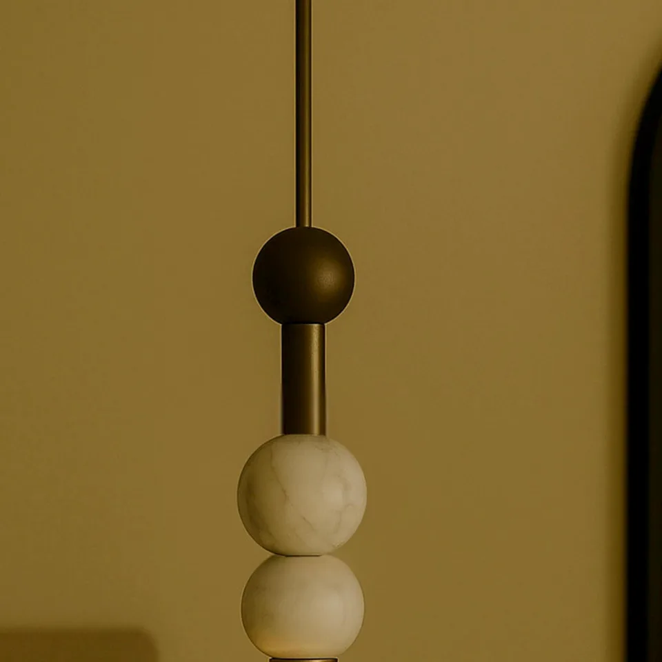 Alabaster Beaded Pendant Light – 44 cm Brass Stem | Jagmag Lights 4 Antique brass ball and stem detail above the alabaster beads