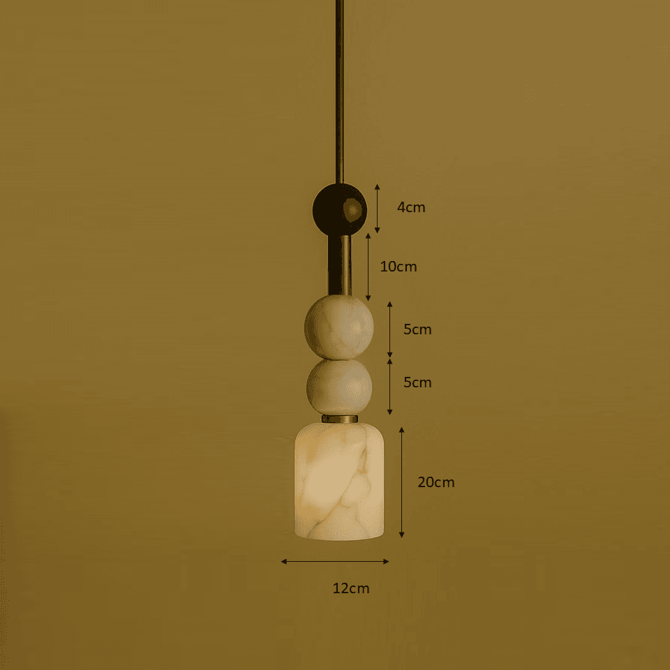 Alabaster Beaded Pendant Light – 44 cm Brass Stem | Jagmag Lights 6 Dimension drawing of the alabaster beaded pendant light: 4 cm ball, 10 cm stem, two 5 cm beads, 20 cm shade, 12 cm wide