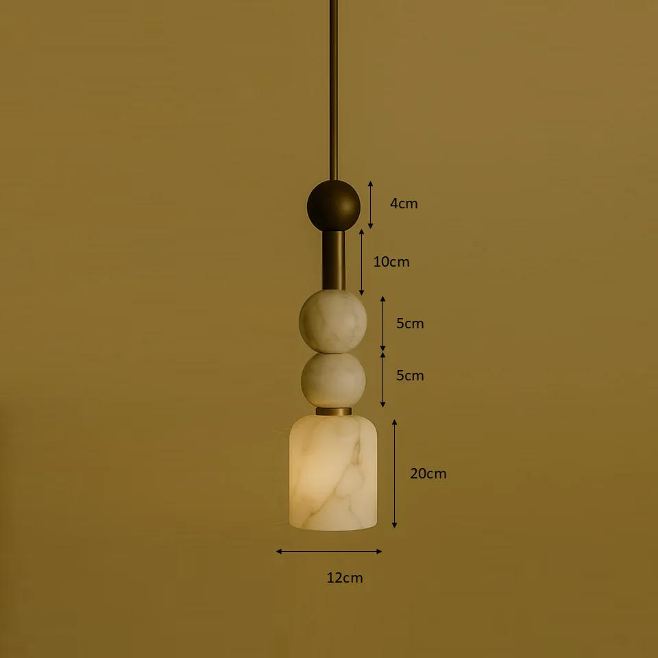 Alabaster Beaded Pendant Light – 44 cm Brass Stem | Jagmag Lights 6 Dimension drawing of the alabaster beaded pendant light: 4 cm ball, 10 cm stem, two 5 cm beads, 20 cm shade, 12 cm wide
