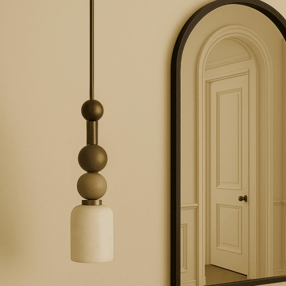 Alabaster Beaded Pendant Light – 44 cm Brass Stem | Jagmag Lights 5 Alabaster beaded pendant light in a hallway beside a black arched mirror
