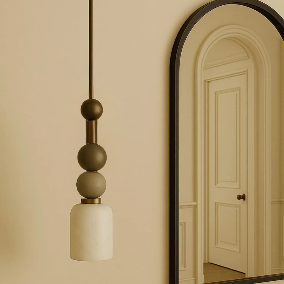 Alabaster Beaded Pendant Light – 44 cm Brass Stem | Jagmag Lights 5 Alabaster beaded pendant light in a hallway beside a black arched mirror