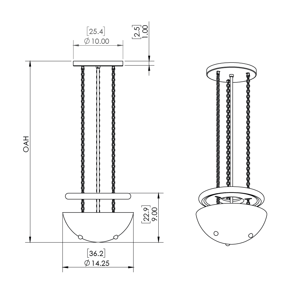 Alabaster Bowl Chandelier – 36 cm Uplight with Walnut Ring | Jagmag Lights 5 Alabaster bowl chandelier dimension drawing - 36.2 cm bowl diameter, 22.9 cm depth, 25.4 cm canopy