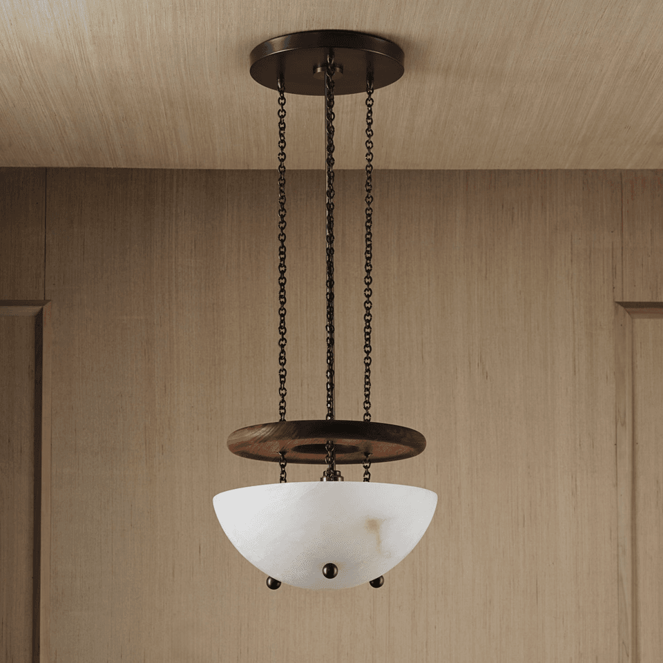 Alabaster Bowl Chandelier – 36 cm Uplight with Walnut Ring | Jagmag Lights 2 Alabaster bowl chandelier hanging in a hallway, stone bowl glowing warm below a walnut ring
