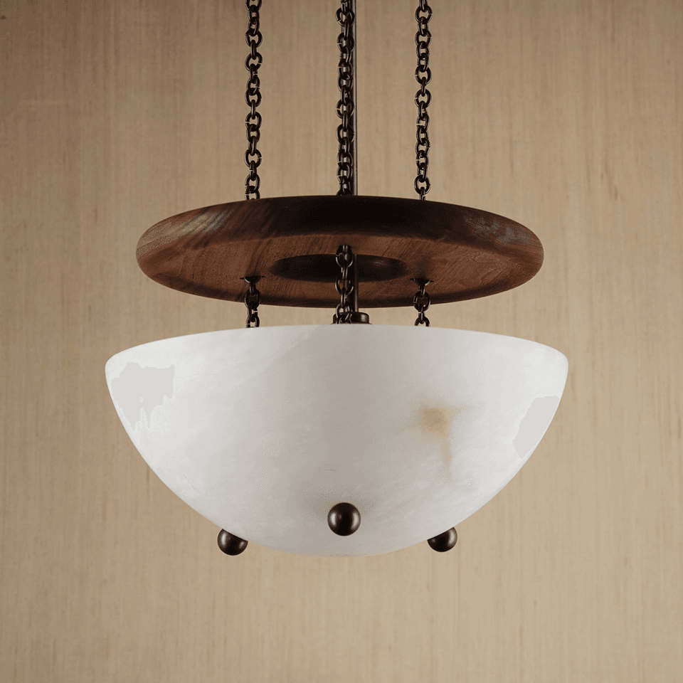 Alabaster Bowl Chandelier – 36 cm Uplight with Walnut Ring | Jagmag Lights 4 Close-up of the hand-cut alabaster bowl showing natural stone veining and bronze ball finials