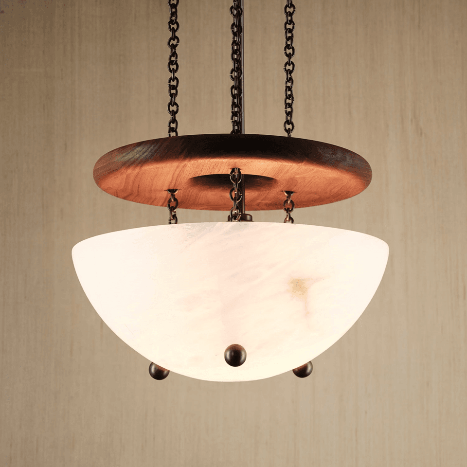 Alabaster Bowl Chandelier – 36 cm Uplight with Walnut Ring | Jagmag Lights 3 Close-up of the turned walnut ring and bronze chains on the alabaster bowl chandelier