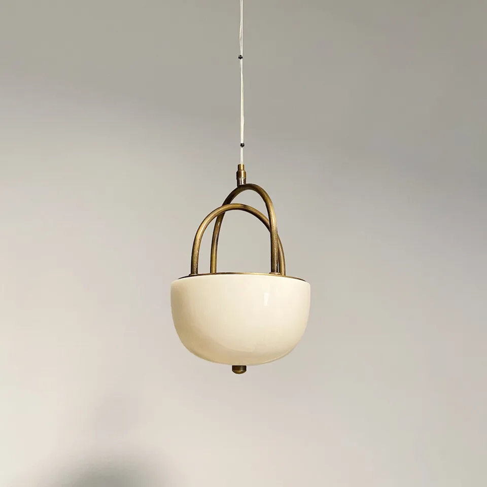 Alabaster Bowl Pendant Light – 18 cm Brass Cradle | Jagmag Lights 2 Alabaster bowl pendant light with four antique-brass arches over a cream stone bowl